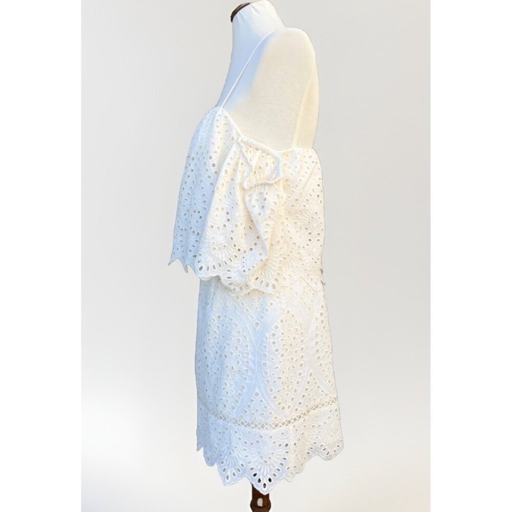 Saylor Women’s Ivory Off Shoulder Eyelet Dress Scalloped Overlay Lined Cocktail - Picture 11 of 13
